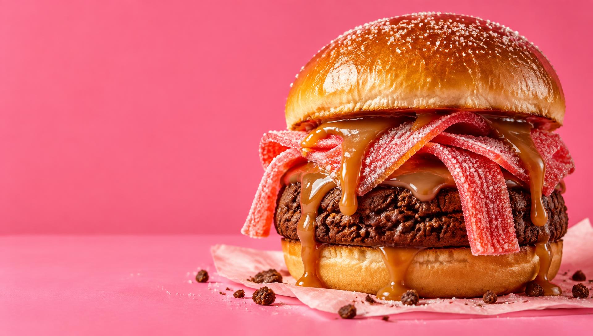 Makea burgeri: pullasämpylä, suklaakeksipihvi, punaiset karkkiremmit ja valuva kinuski